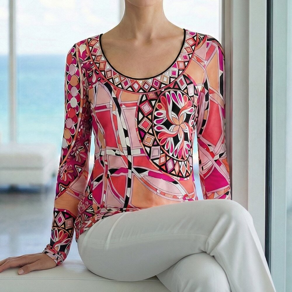 Emilio Pucci Long Sleeve Top - Pink and Orange Geometric 38 / US 8 M